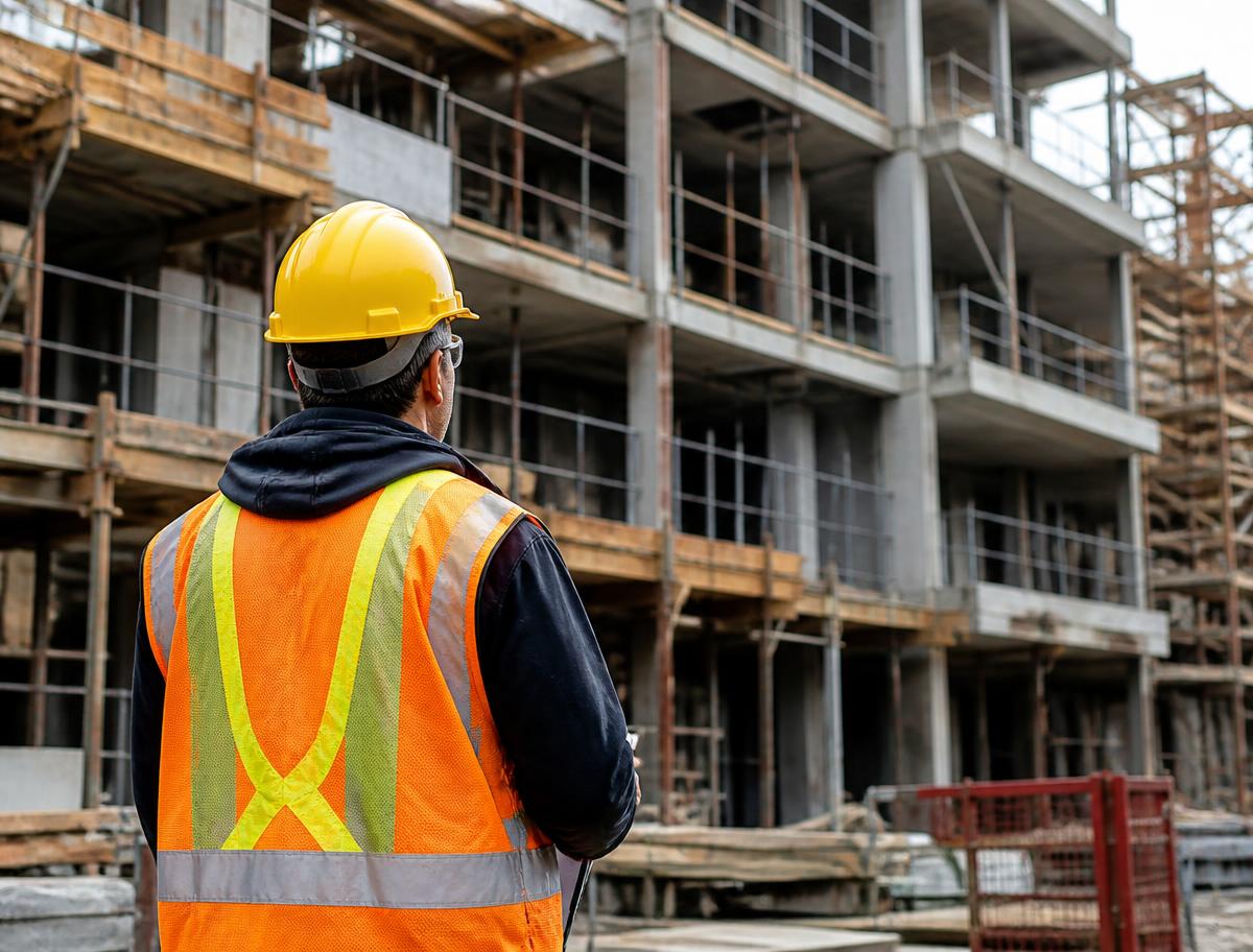 A construction supervisor reviewing work on an active building site