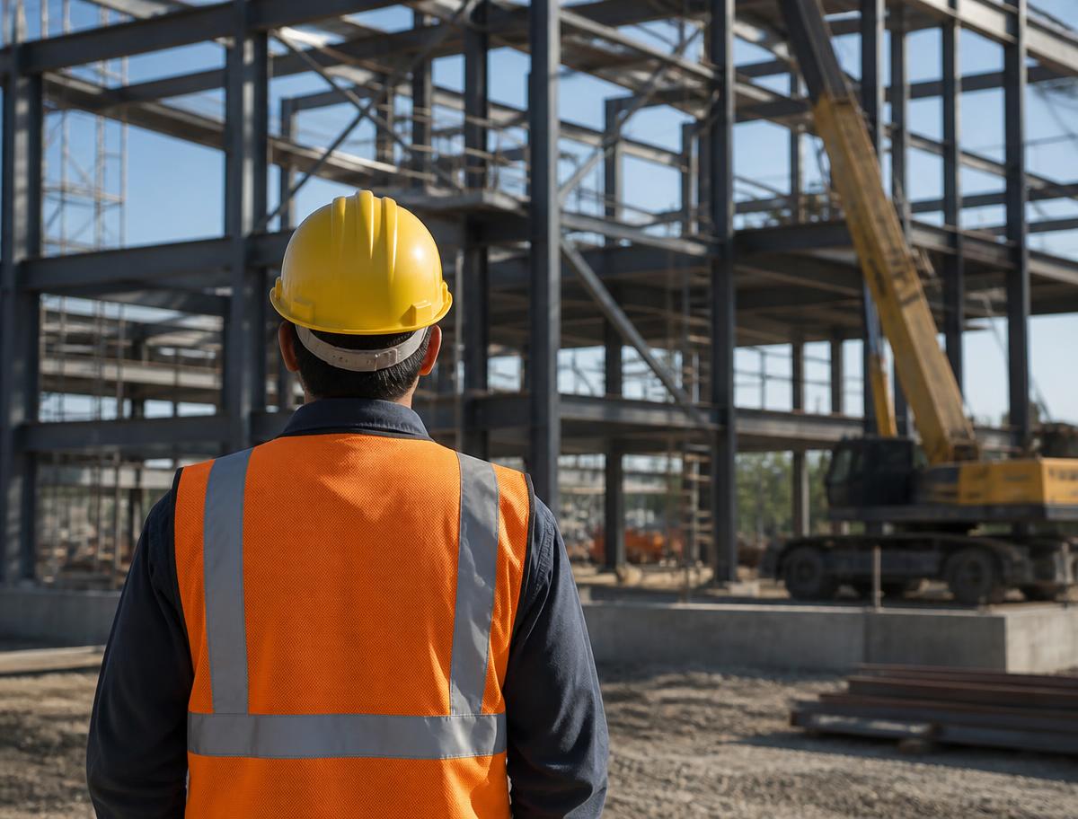 Construction worker wearing a hard hat and high-visibility vest on a jobsite